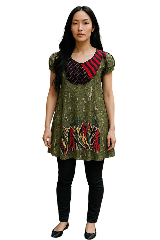 100% Cotton Two tone Stripes with Black diamond Pattern Round Neck Curved yoke, Short-sleeves Ballon Tunic, Tops.