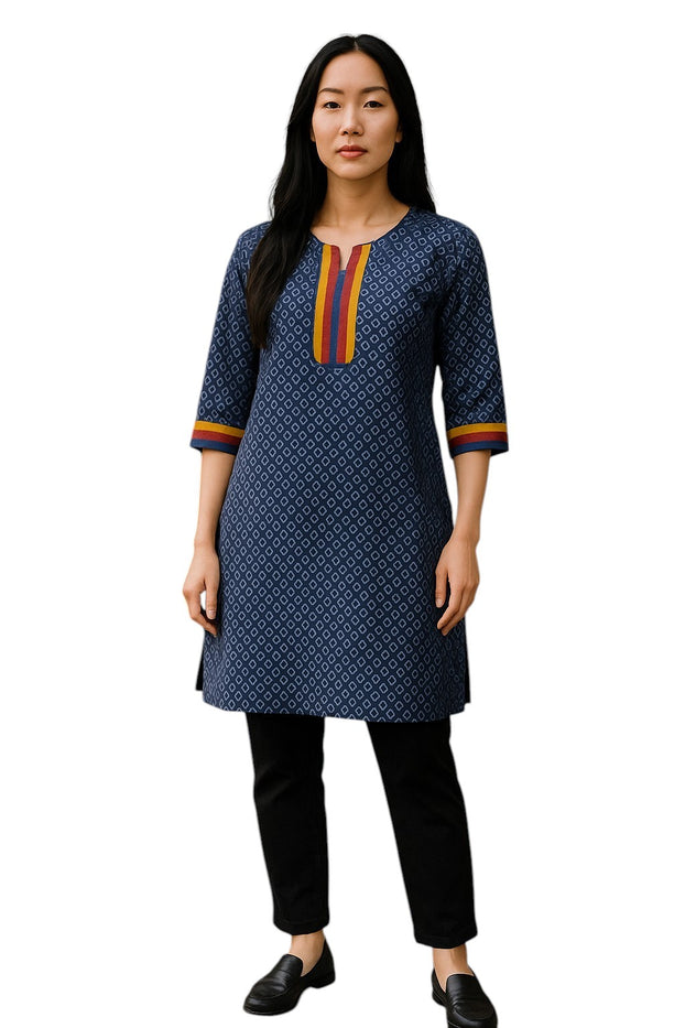 100% Cotton Circle Pattern with Vertical Stripes Round Neck, 3/4 Sleeves, Knee Length Tunic, Tops.