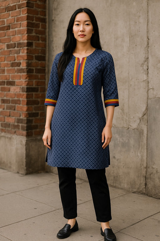 100% Cotton Circle Pattern with Vertical Stripes Round Neck, 3/4 Sleeves, Knee Length Tunic, Tops.
