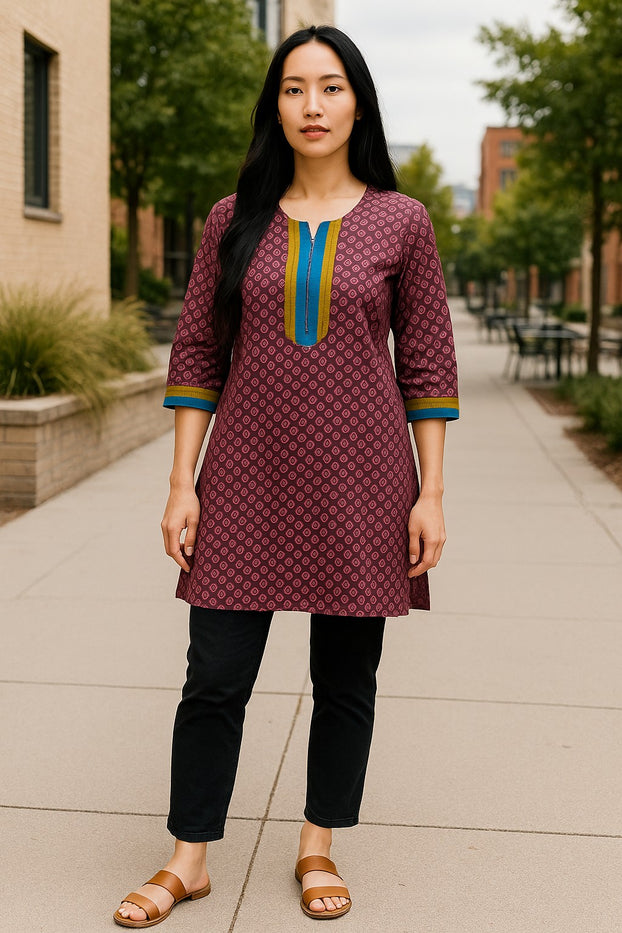 100% Cotton Circle Pattern with Vertical Stripes Round Neck, 3/4 Sleeves, Knee Length Tunic, Tops.