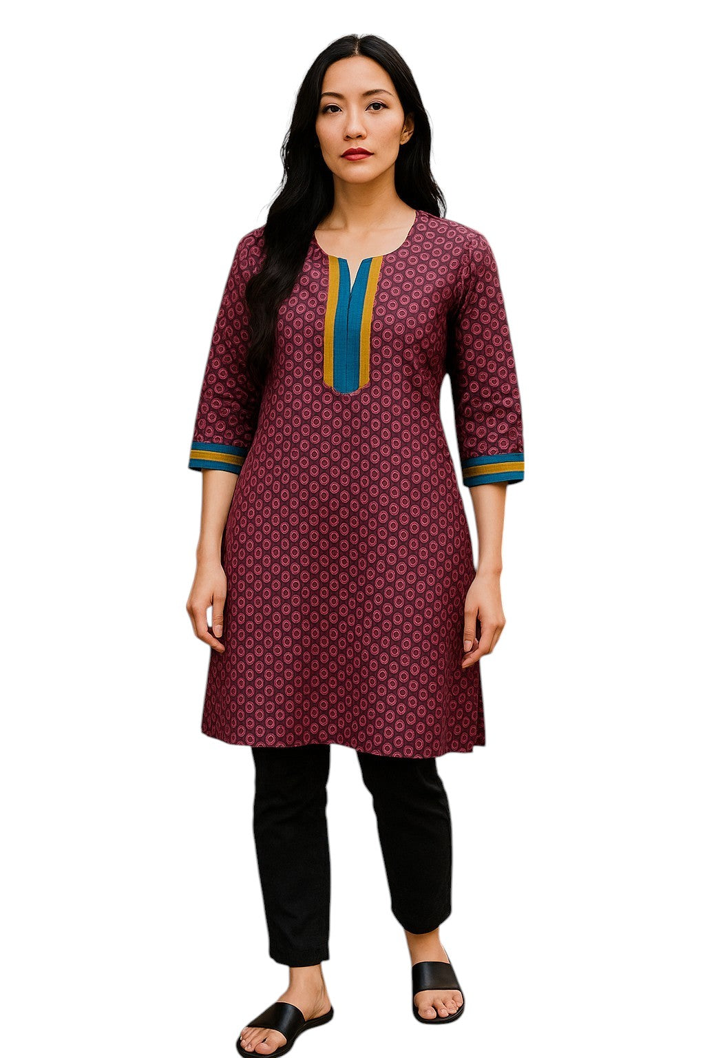 100% Cotton Circle Pattern with Vertical Stripes Round Neck, 3/4 Sleeves, Knee Length Tunic, Tops.