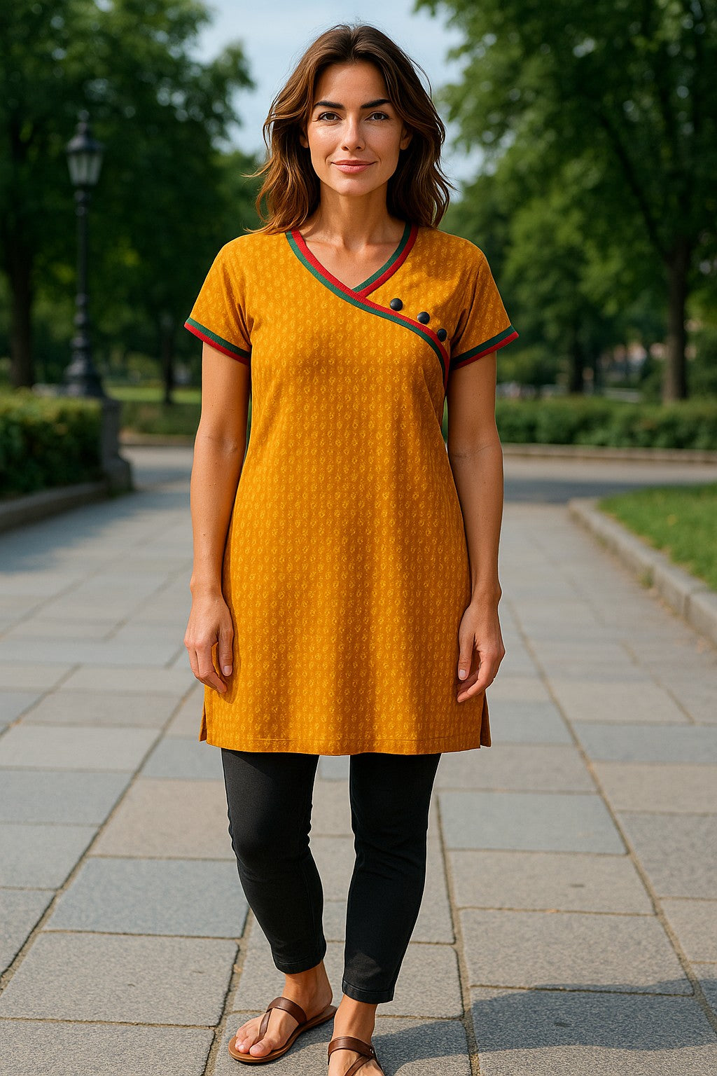 Tunic for Women 100% Cotton Small Leaf design, V-Neck, Short sleeves, Matching Trim with 3 Button Kurti, Top.