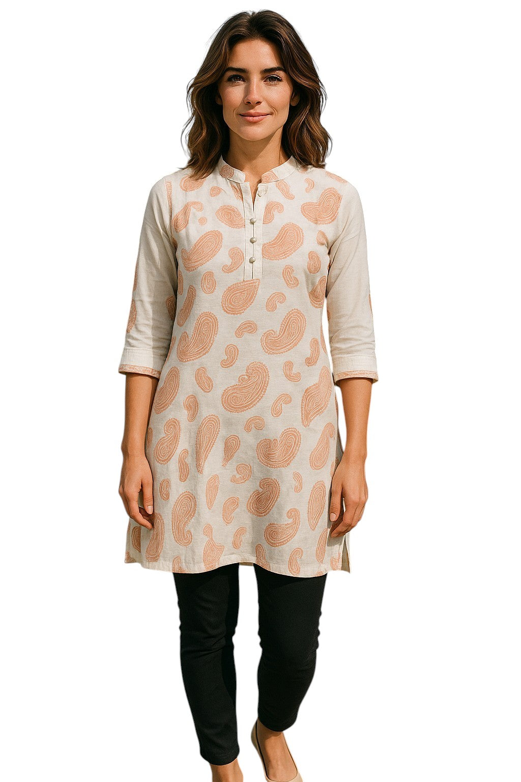 Tunic for Women Mango Design Paisley Patten with 3 Sliver Button, 3/4 Sheer Sleeves, Round Neck Kurti, Top.