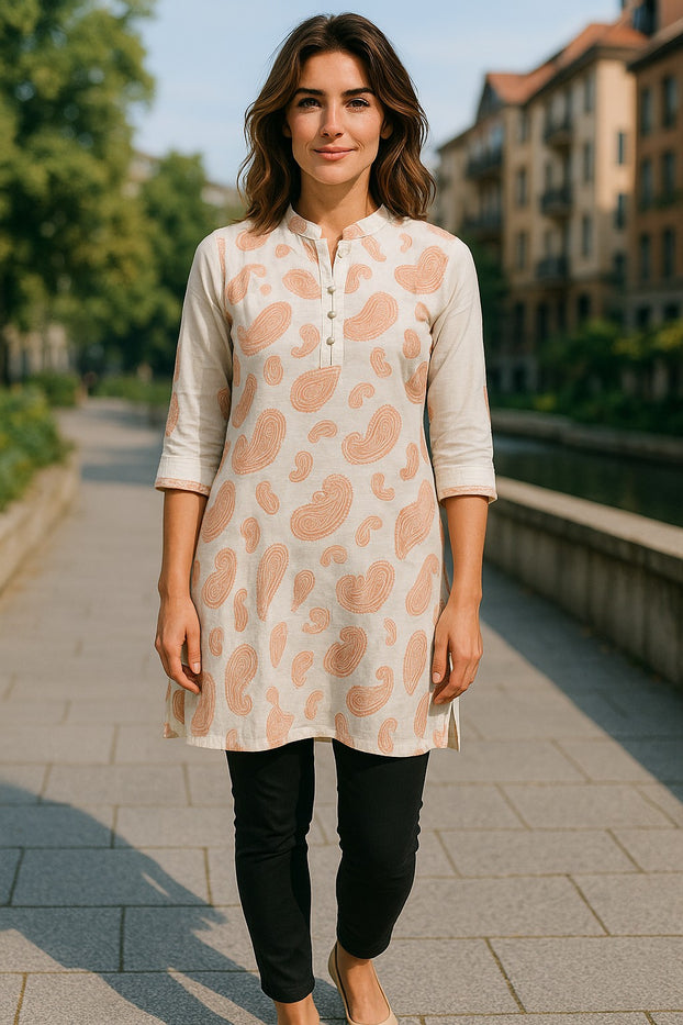 Tunic for Women Mango Design Paisley Patten with 3 Sliver Button, 3/4 Sheer Sleeves, Round Neck Kurti, Top.