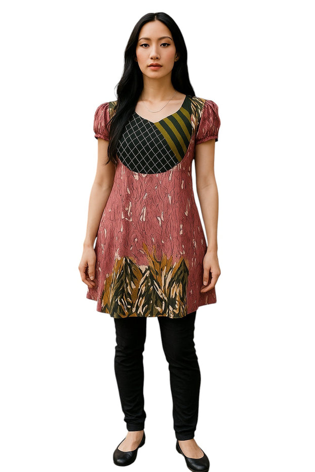 100% Cotton Two tone Stripes with Black diamond Pattern Round Neck Curved yoke, Short-sleeves Ballon Tunic, Tops.