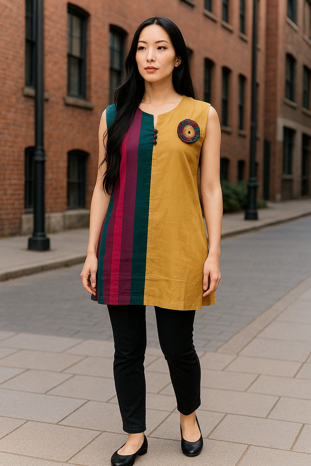 Multi Color Vertical Strips Round Neck Sleevesless Tunic with Multi Color circle button Design kurti.