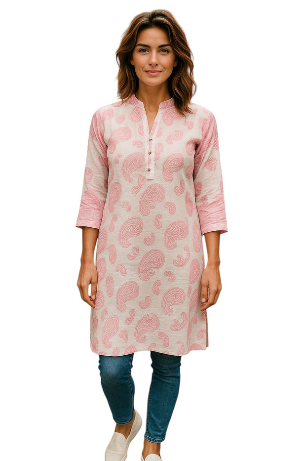 Tunic for Women Mango Design Paisley Patten with 3 Sliver Button, 3/4 Sheer Sleeves, Round Neck Kurti, Top.
