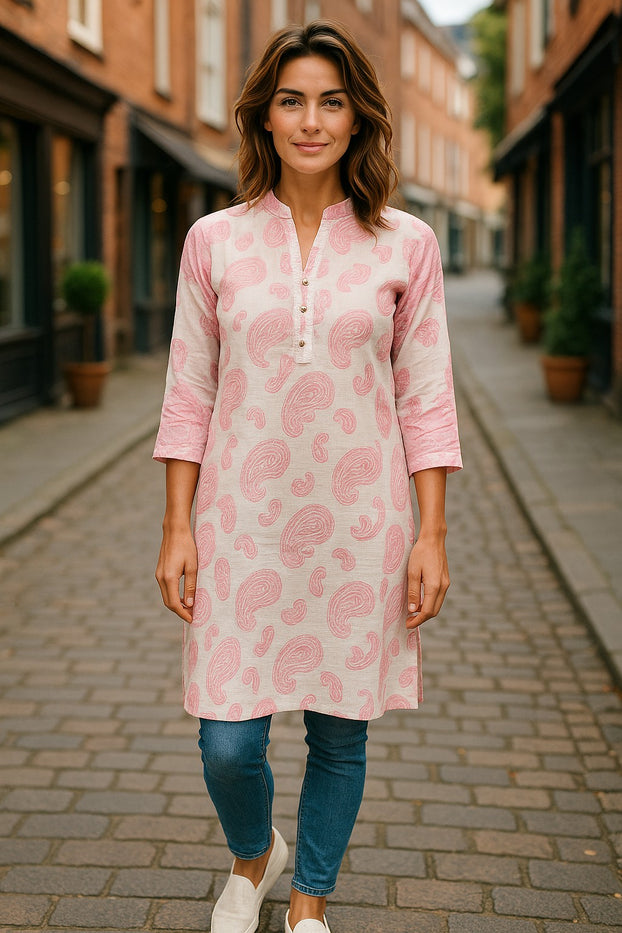 Tunic for Women Mango Design Paisley Patten with 3 Sliver Button, 3/4 Sheer Sleeves, Round Neck Kurti, Top.