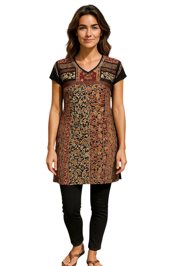Tunic for Women Kalamkari Print Floral and Paisley Design with V-Neck Patch work Yoke Knee Length and Sleeveless Kurti, Top.