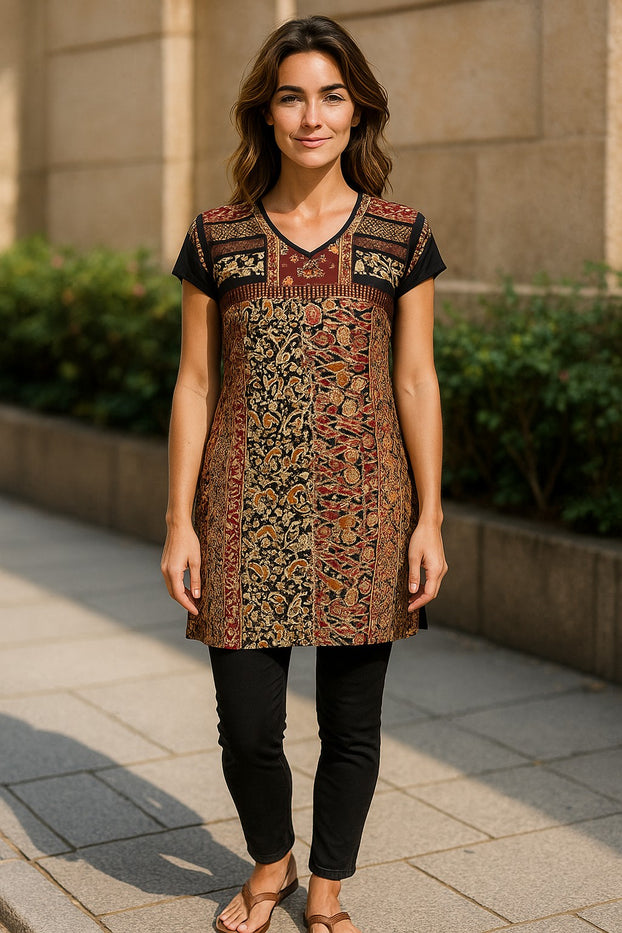 Tunic for Women Kalamkari Print Floral and Paisley Design with V-Neck Patch work Yoke Knee Length and Sleeveless Kurti, Top.