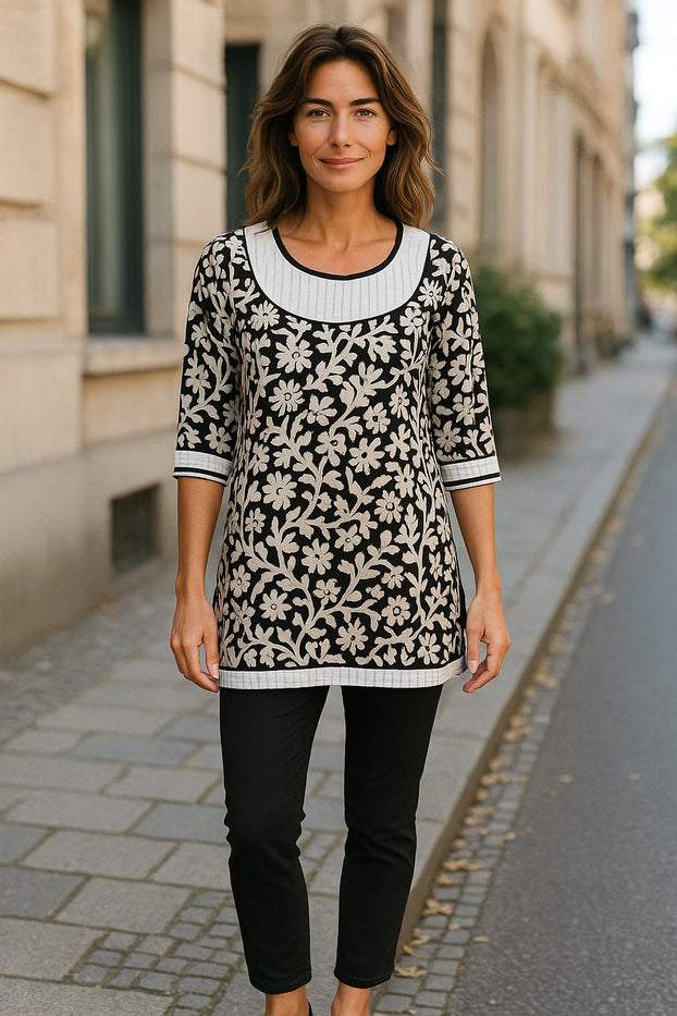 Black and white floral Print tunic for Women, 3/4 Sleeveless with a black and white trim at cuffs, and round neck Kurti, Top.