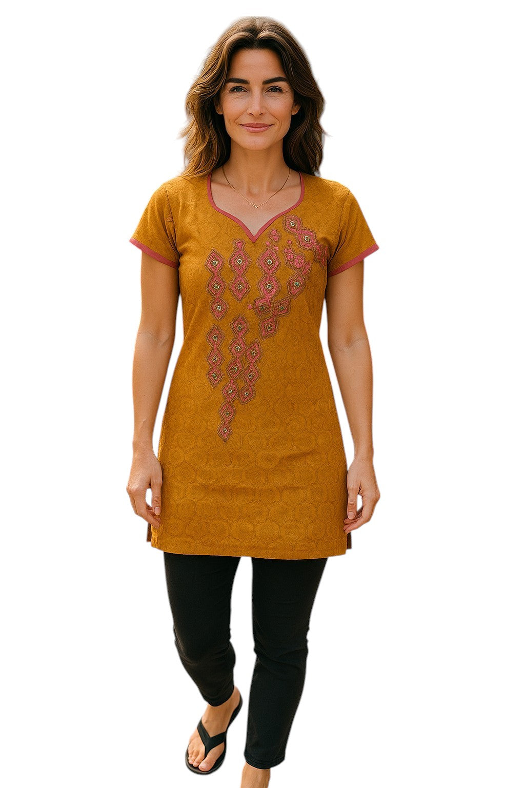 Tunic for Women front embroidery, Short sleeves, V-Neck Kurti, Top.