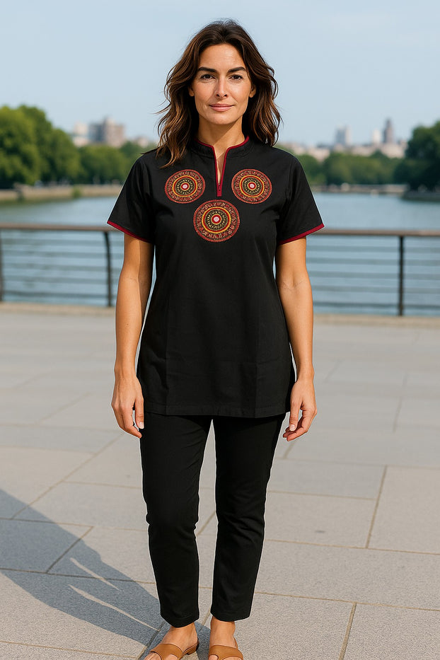 Black 100% Cotton tunic with red trim along the collar and short sleeves, with three circular embroidered, round neck, kurti, top.