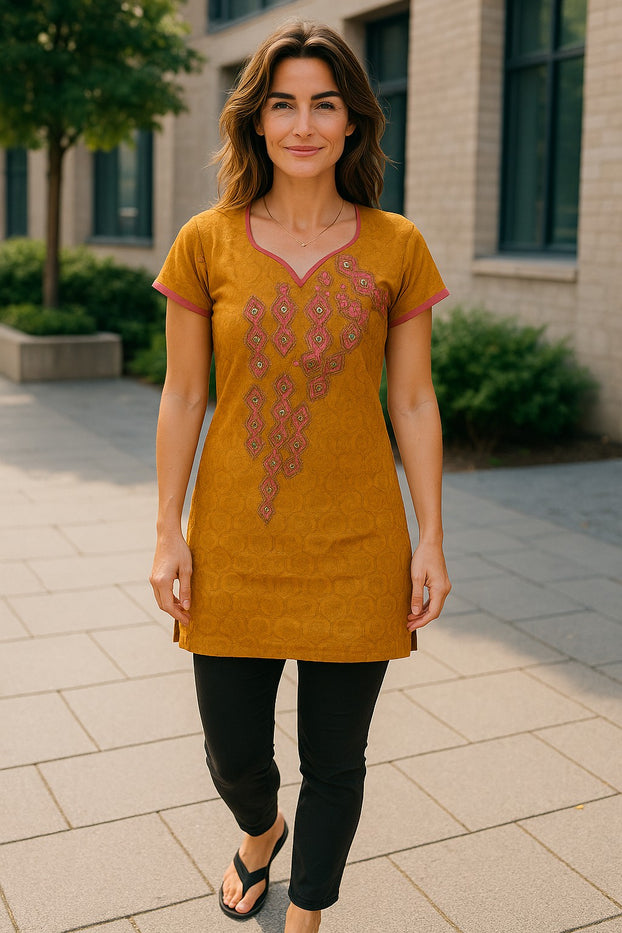 Tunic for Women front embroidery, Short sleeves, V-Neck Kurti, Top.