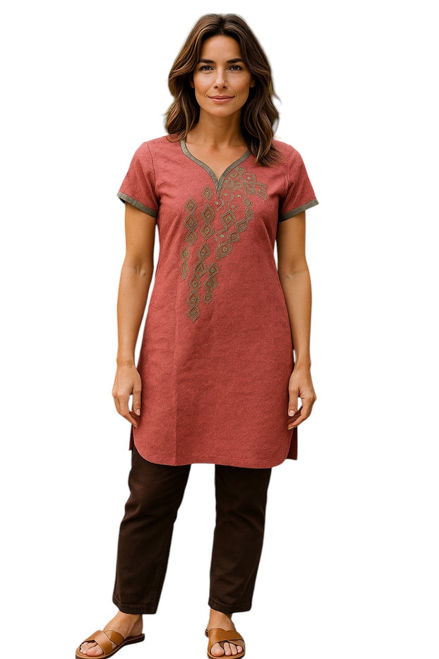Tunic for Women front embroidery, Short sleeves, V-Neck Kurti, Top.