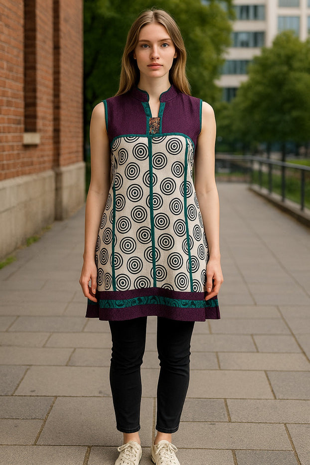 Two Tone Cotton Tunic with vertical Strip Band Collar Sleeveless Kurti, Top.