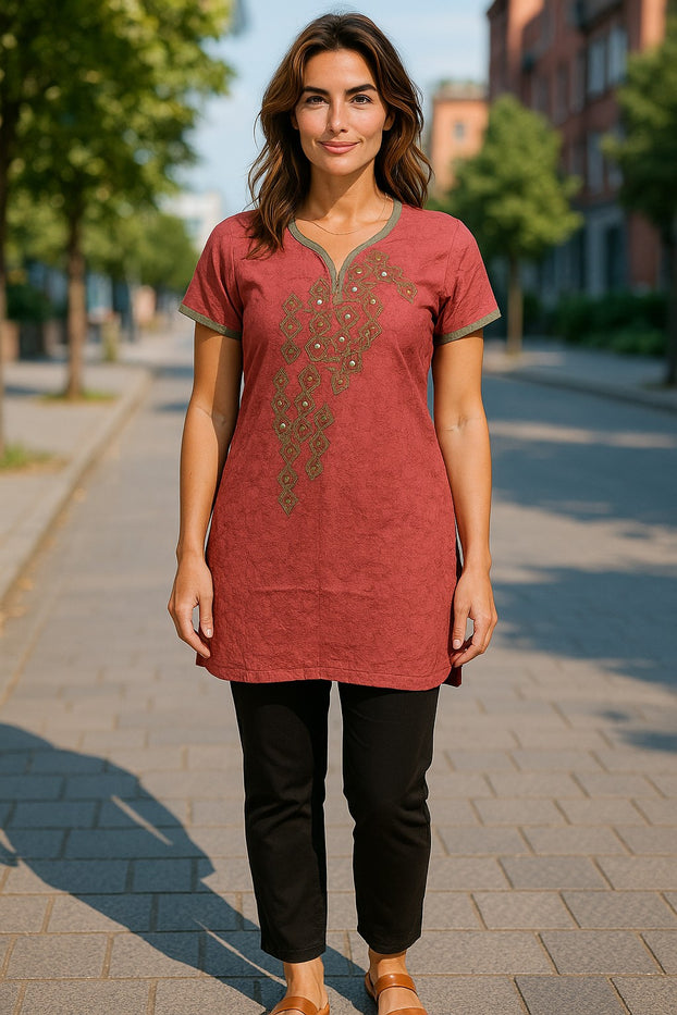 Tunic for Women front embroidery, Short sleeves, V-Neck Kurti, Top.