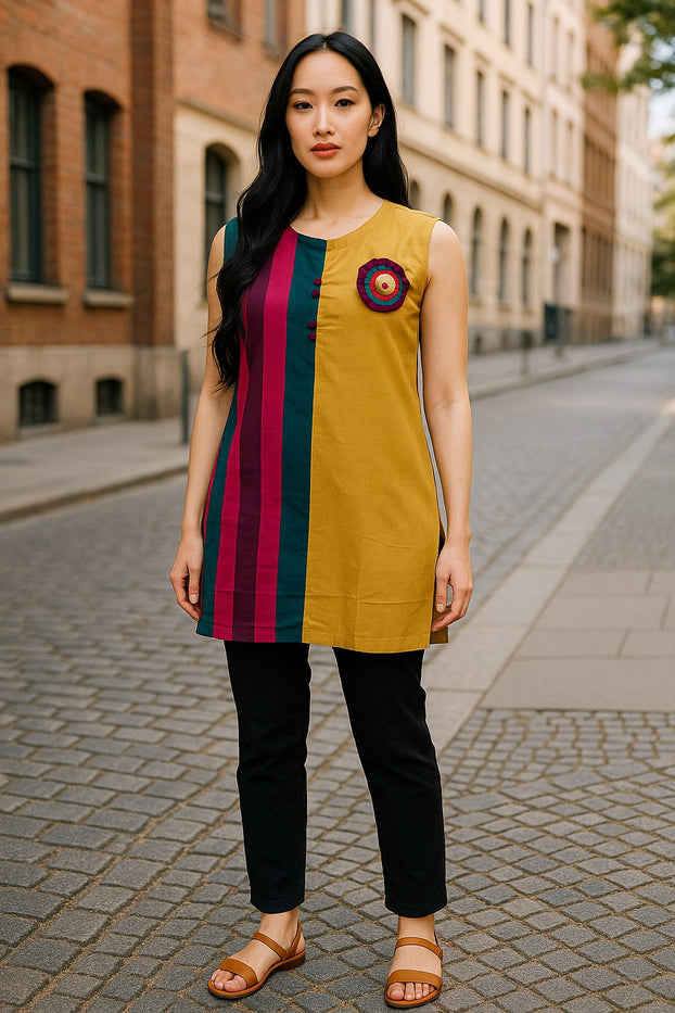 Multi Color Vertical Strips Round Neck Sleevesless Tunic with Multi Color circle button Design kurti.