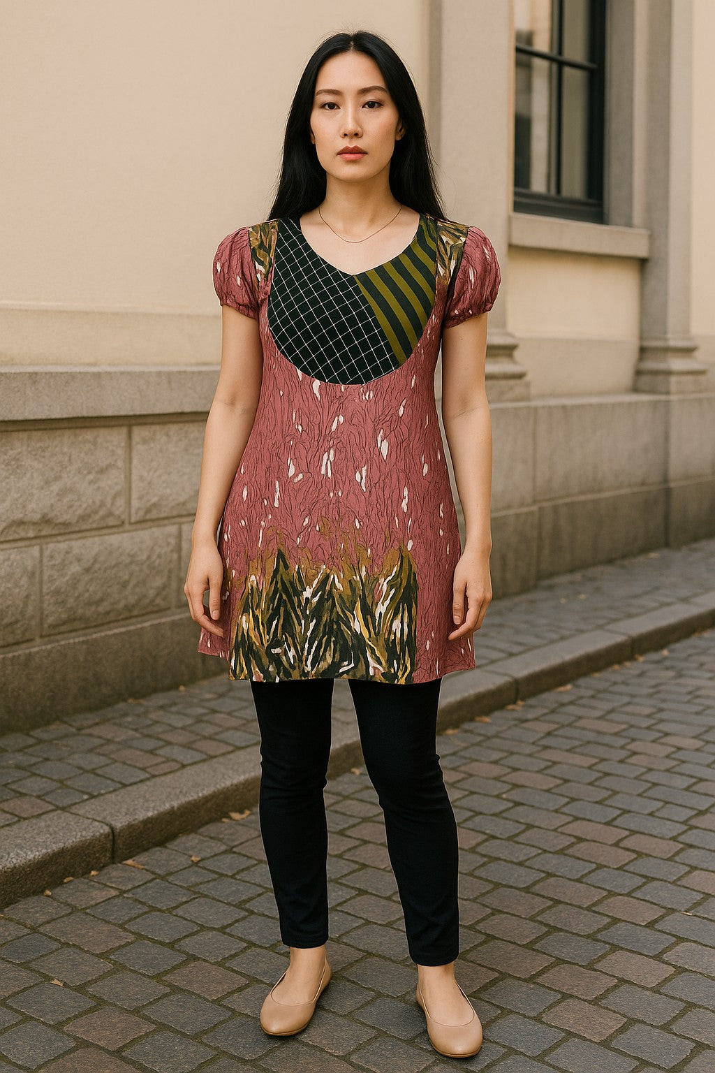 100% Cotton Two tone Stripes with Black diamond Pattern Round Neck Curved yoke, Short-sleeves Ballon Tunic, Tops.