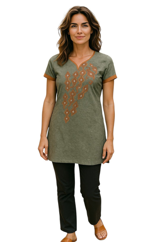 Tunic for Women front embroidery, Short sleeves, V-Neck Kurti, Top.