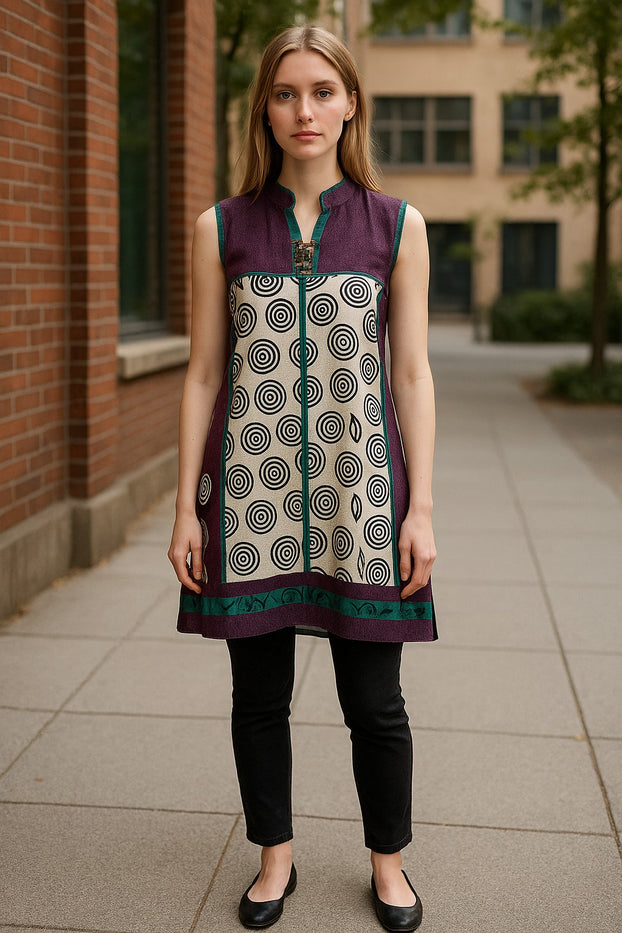 Two Tone Cotton Tunic with vertical Strip Band Collar Sleeveless Kurti, Top.