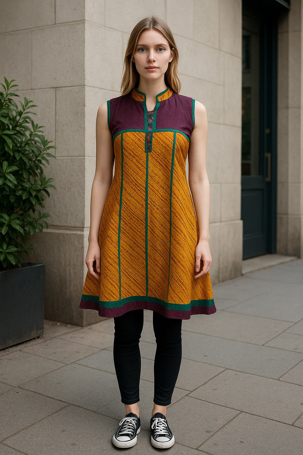 Two Tone Cotton Tunic with vertical Strip Band Collar Sleeveless Kurti, Top.