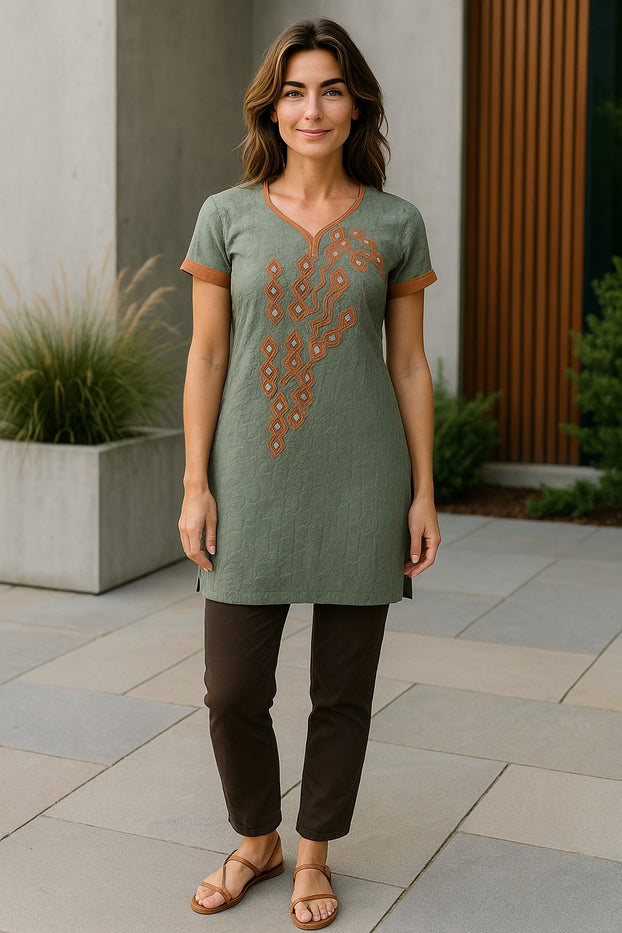 Tunic for Women front embroidery, Short sleeves, V-Neck Kurti, Top.