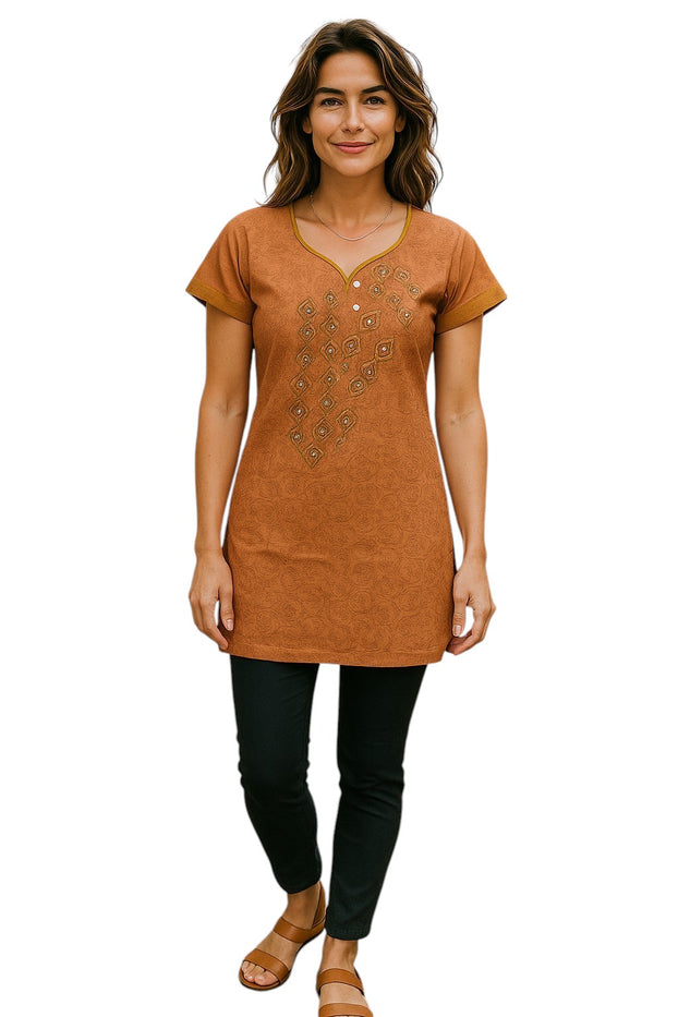 Tunic for Women front embroidery, Short sleeves, V-Neck Kurti, Top.