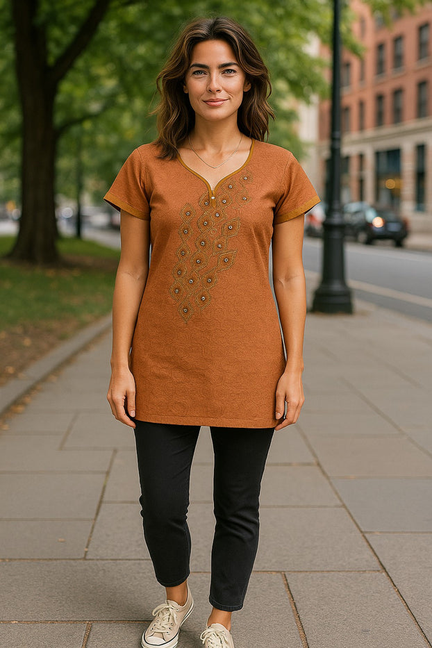 Tunic for Women front embroidery, Short sleeves, V-Neck Kurti, Top.