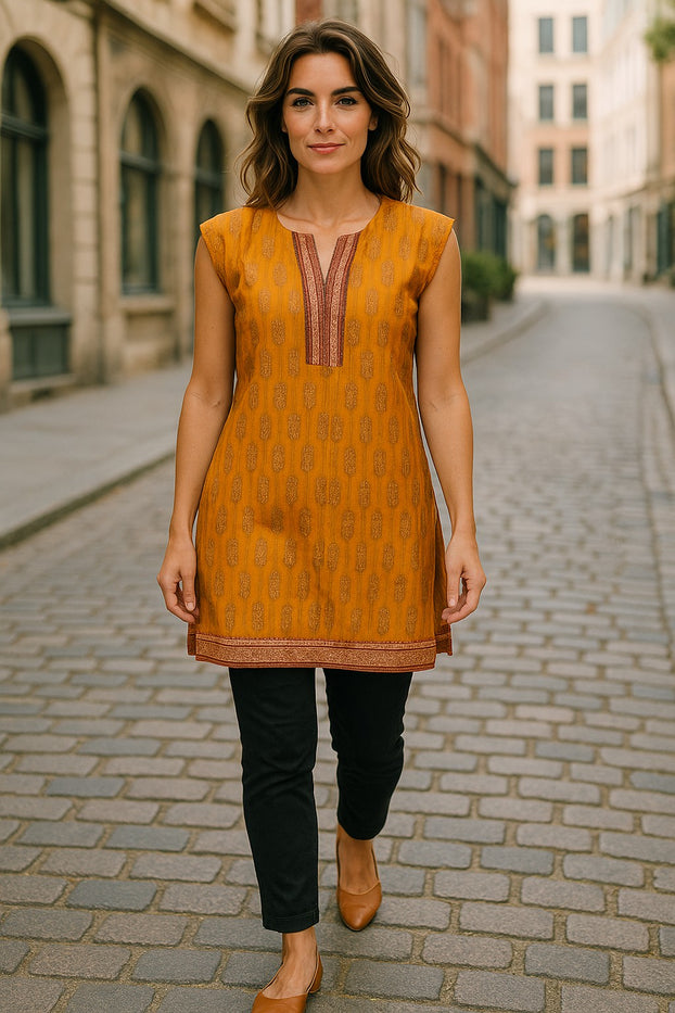 Tunic for Women Golden Flower design with golden Trim neckline and hem, Round Neck, Sleeveless Kurti, Top.