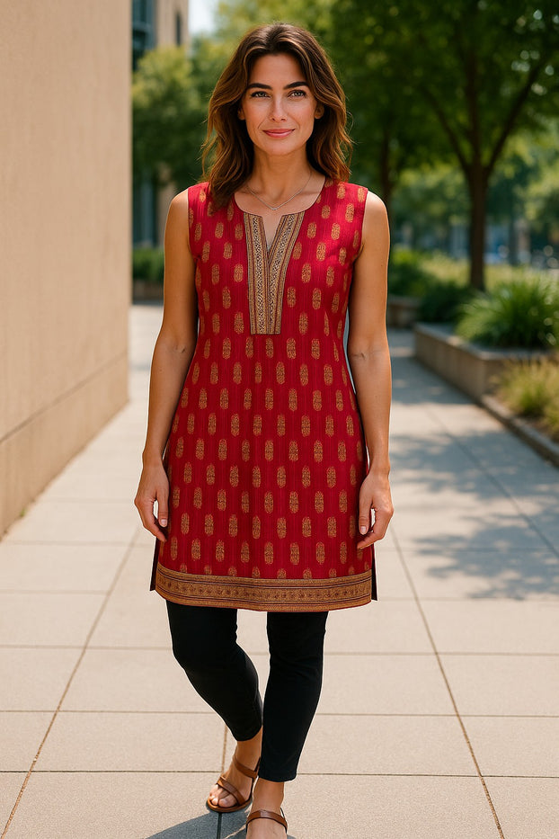 Tunic for Women Golden Flower design with golden Trim neckline and hem, Round Neck, Sleeveless Kurti, Top.
