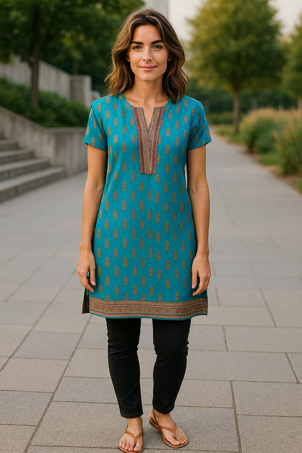 Tunic for Women Golden Flower design with golden Trim neckline and hem, Round Neck, Sleeveless Kurti, Top.