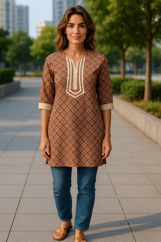 Tunic for Women floral Print, V-Neck, 3/4 sleeve knee Length Kurti, Top.