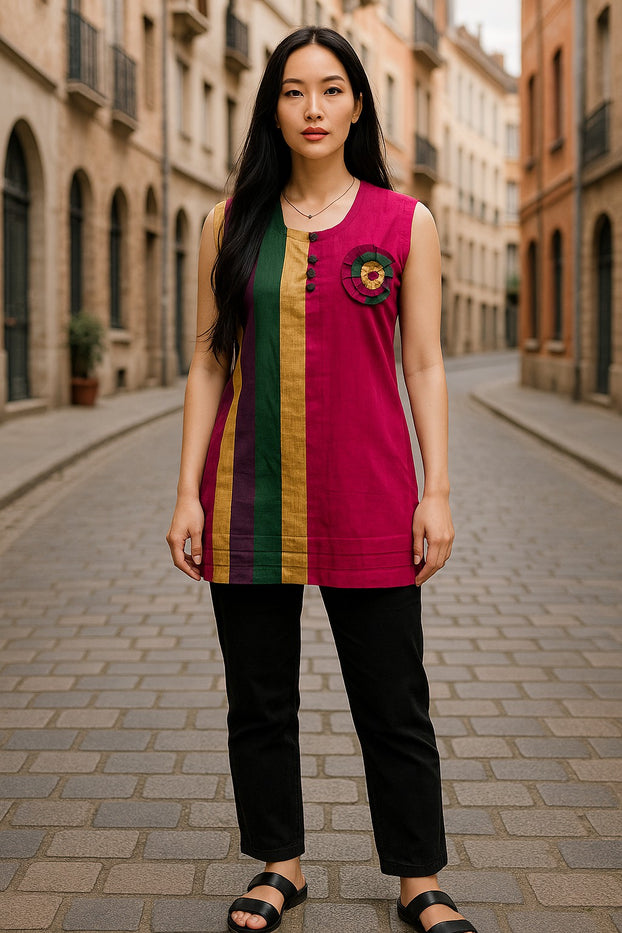 Multi Color Vertical Strips Round Neck Sleevesless Tunic with Multi Color circle button Design kurti.