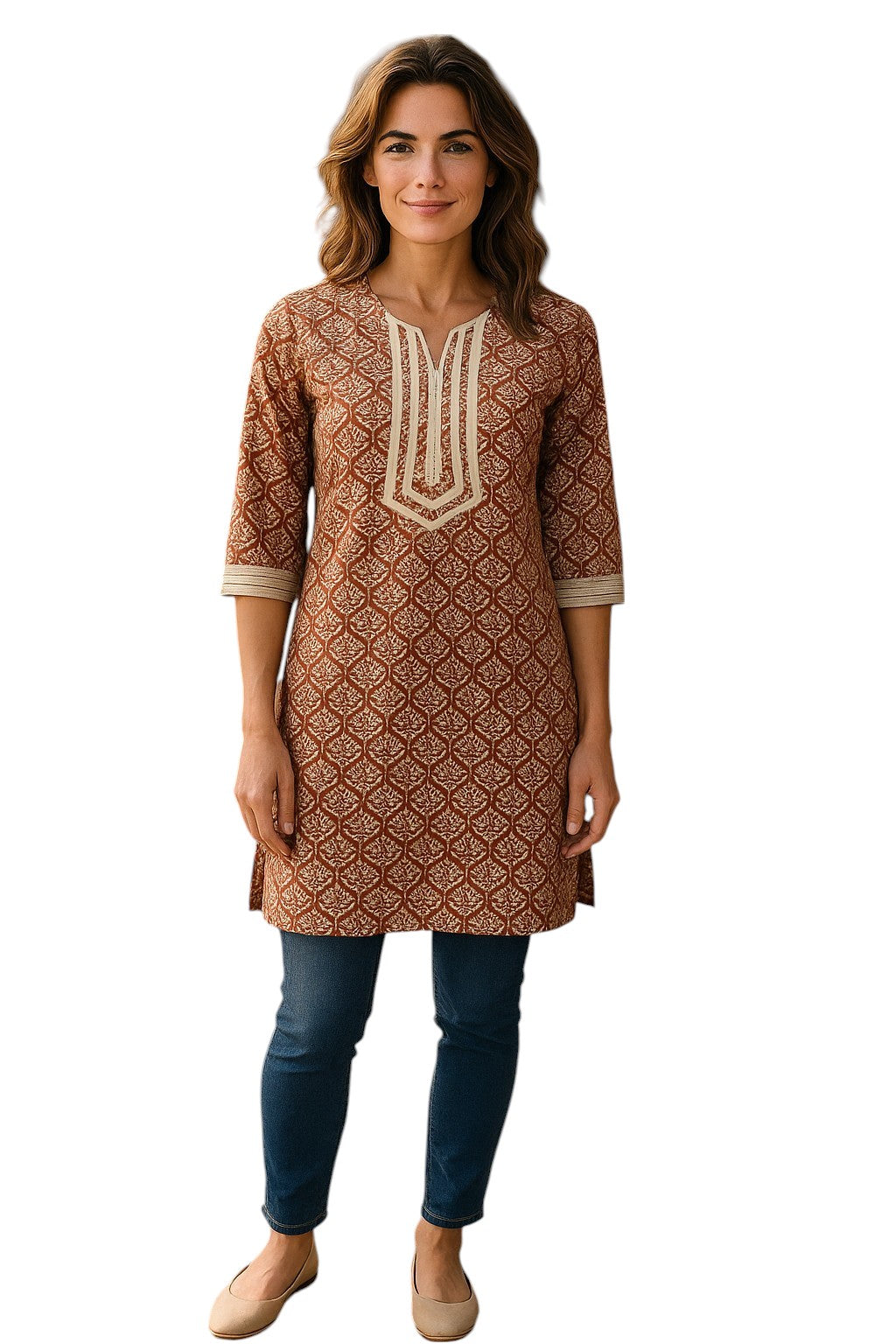 Tunic for Women floral Print, V-Neck, 3/4 sleeve knee Length Kurti, Top.