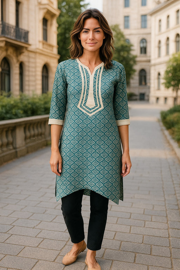 Tunic for Women floral Print, V-Neck, 3/4 sleeve knee Length Kurti, Top.