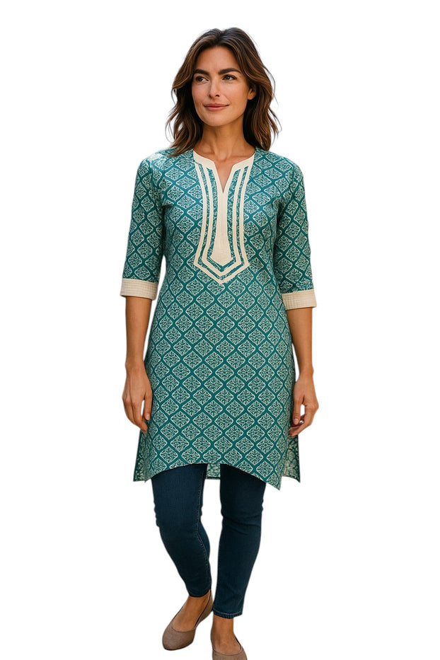 Tunic for Women floral Print, V-Neck, 3/4 sleeve knee Length Kurti, Top.