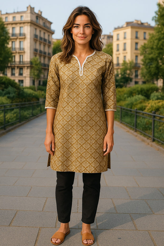 Tunic for Women floral Print, V-Neck, 3/4 sleeve knee Length Kurti, Top.