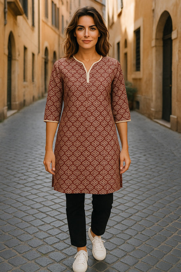 Tunic for Women floral Print, V-Neck, 3/4 sleeve knee Length Kurti, Top.