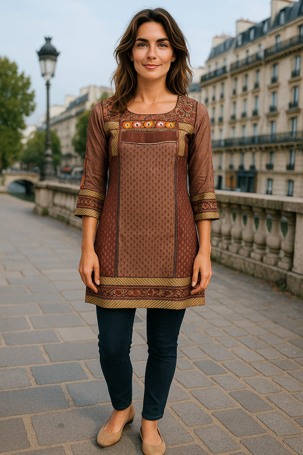 Tunic for Women Tringle Print Colorful embroidery around neckline with sheer 3/4 sleeve, Knee Length Kurti, Top.