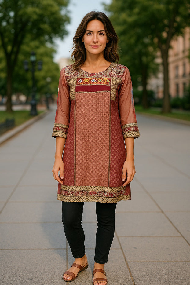 Tunic for Women Tringle Print Colorful embroidery around neckline with sheer 3/4 sleeve, Knee Length Kurti, Top.
