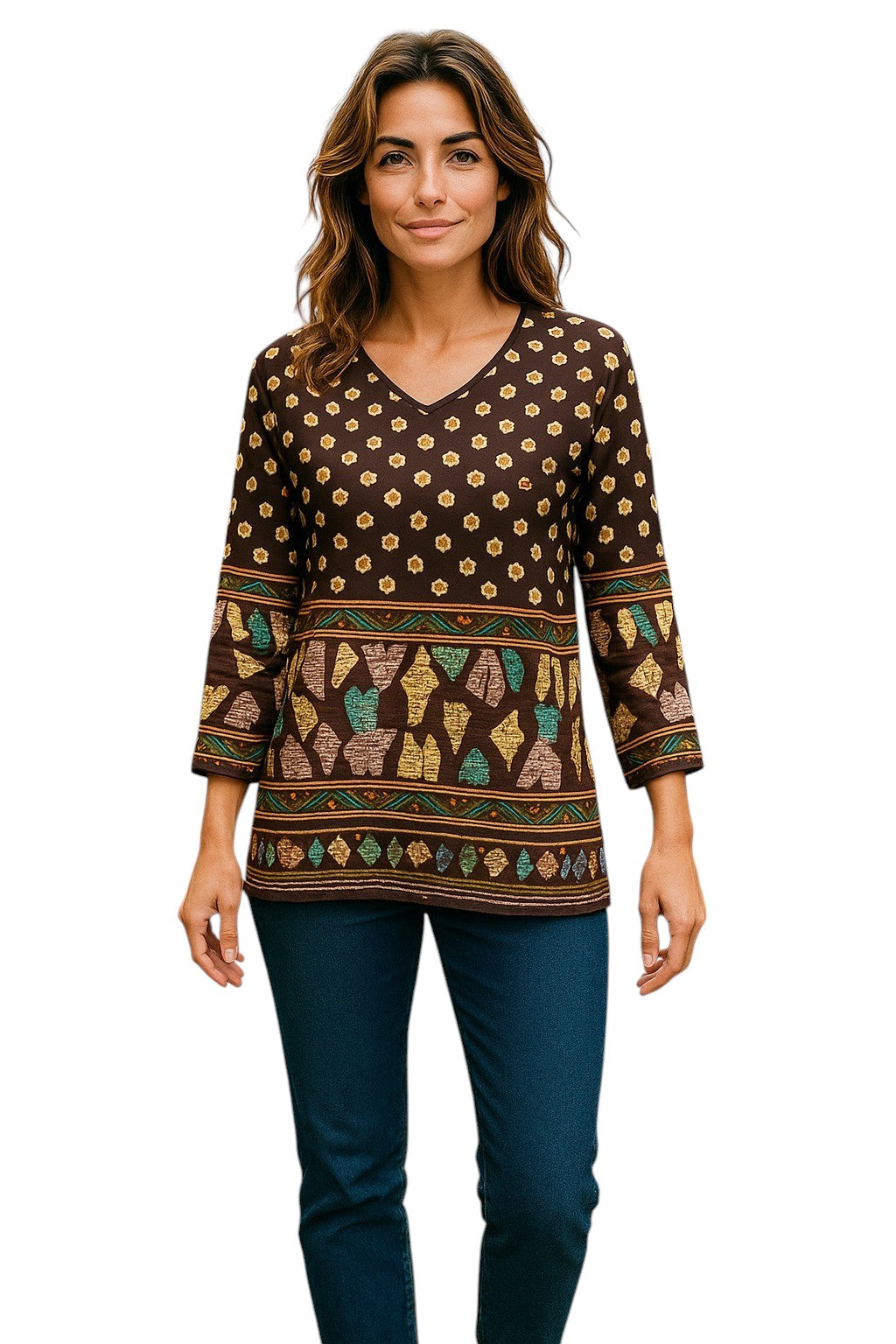 Women’s Printed Long Sleeves Crape Kurti Tunic tops with Gold Foil - 1011-L