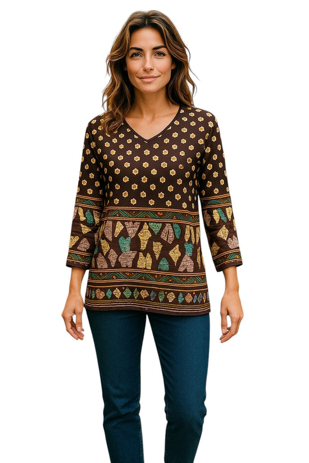 Women’s Printed Long Sleeves Crape Kurti Tunic tops with Gold Foil - 1011-L