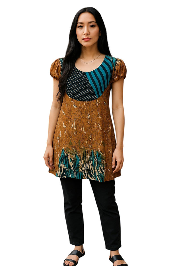 100% Cotton Two tone Stripes with Black diamond Pattern Round Neck Curved yoke, Short-sleeves Ballon Tunic, Tops.