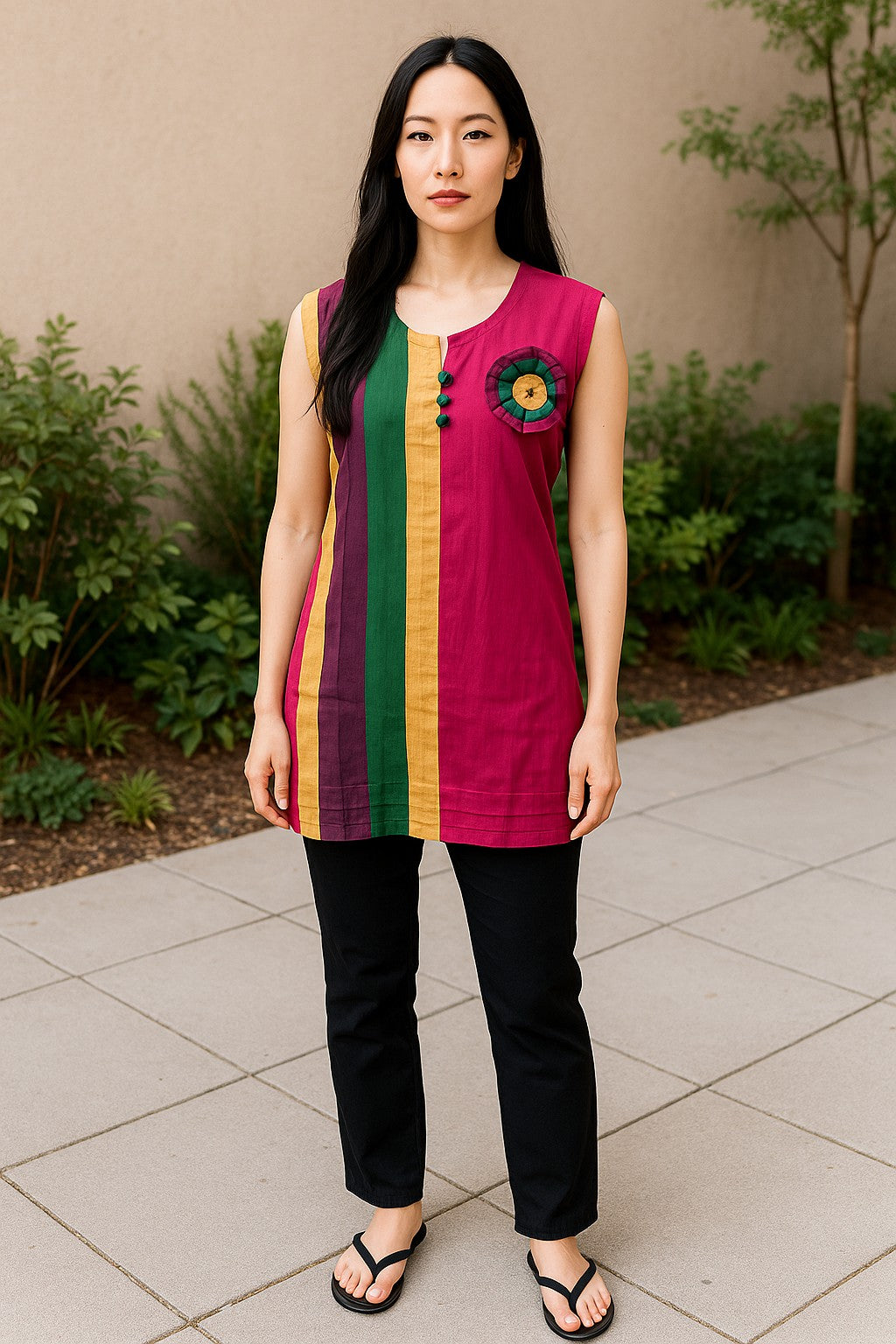 Multi Color Vertical Strips Round Neck Sleevesless Tunic with Multi Color circle button Design kurti.