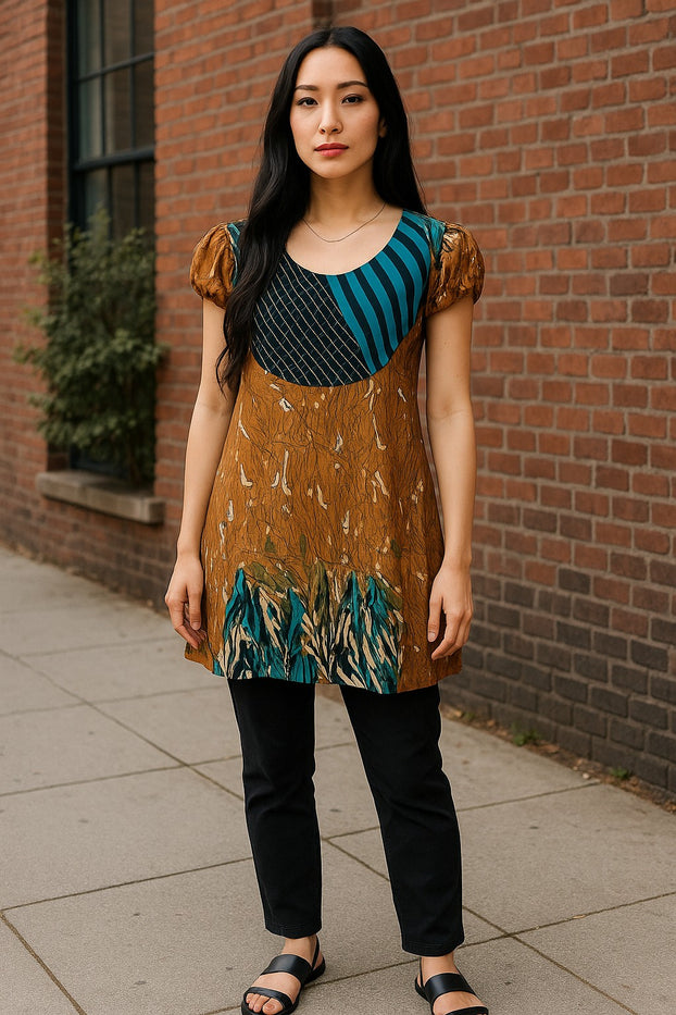 100% Cotton Two tone Stripes with Black diamond Pattern Round Neck Curved yoke, Short-sleeves Ballon Tunic, Tops.
