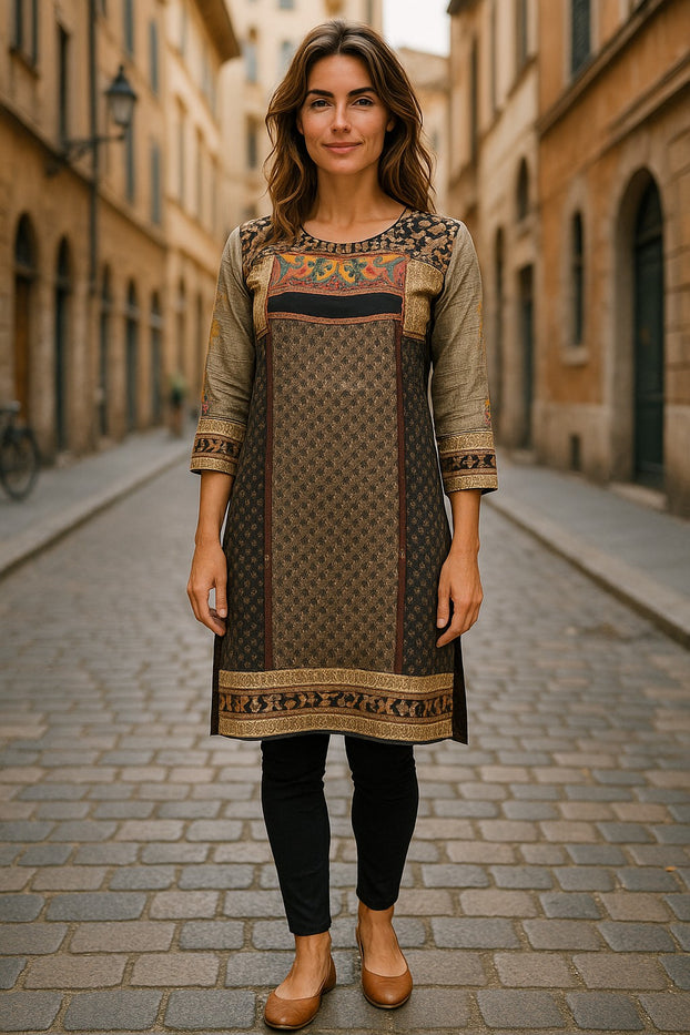 Tunic for Women Tringle Print Colorful embroidery around neckline with sheer 3/4 sleeve, Knee Length Kurti, Top.