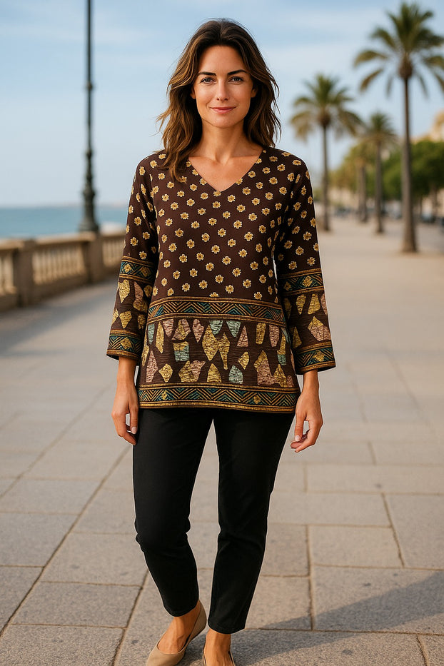 Women’s Printed Long Sleeves Crape Kurti Tunic tops with Gold Foil - 1011-L