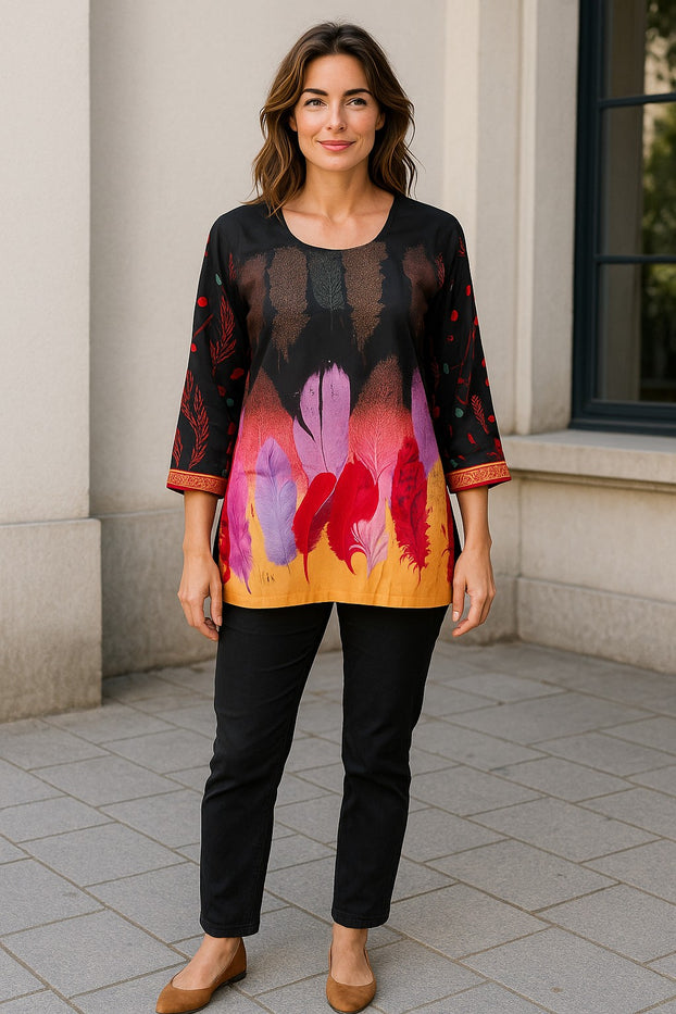 Tunic for Women Short Printed Kurtis Long Sleeves Crepe Kurti Kurta Tops - Mixed