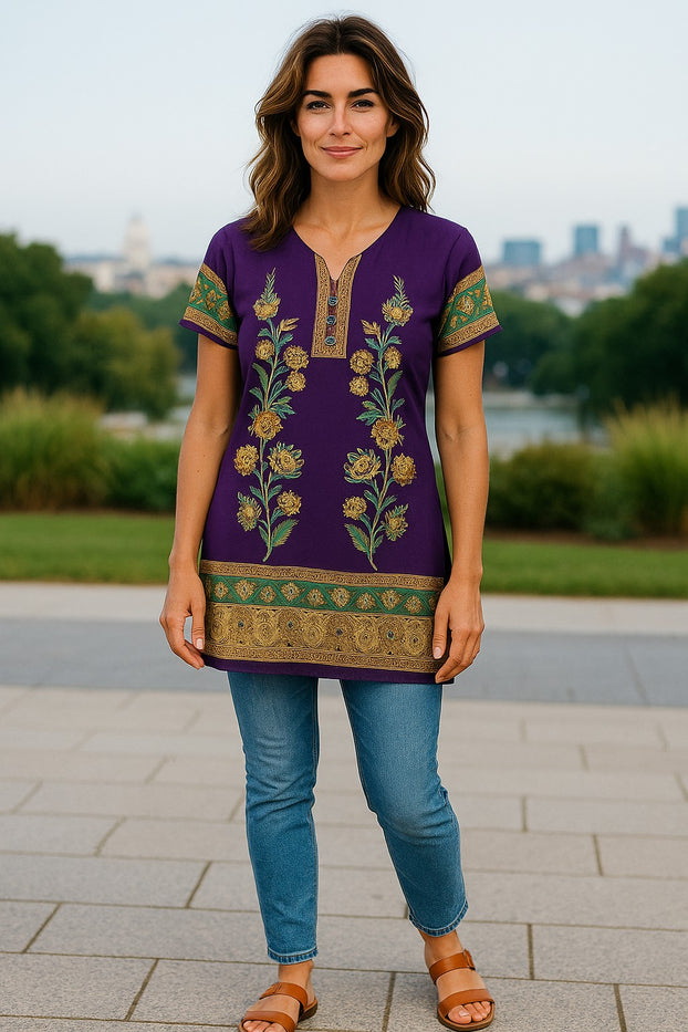 Indian Style Printed Kurtis for Women Short Crepe Kurti V-Neck, Short Sleeves Tunic Top Blouse. 3002-SS